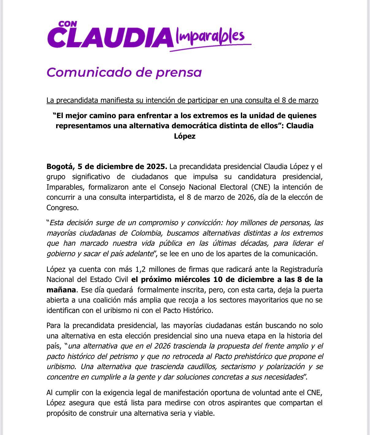 Claudia López y su movimiento ciudadano Imparables presentaron ante el CNE su carta de intención para sumarse a la consulta. - crédito Claudia López