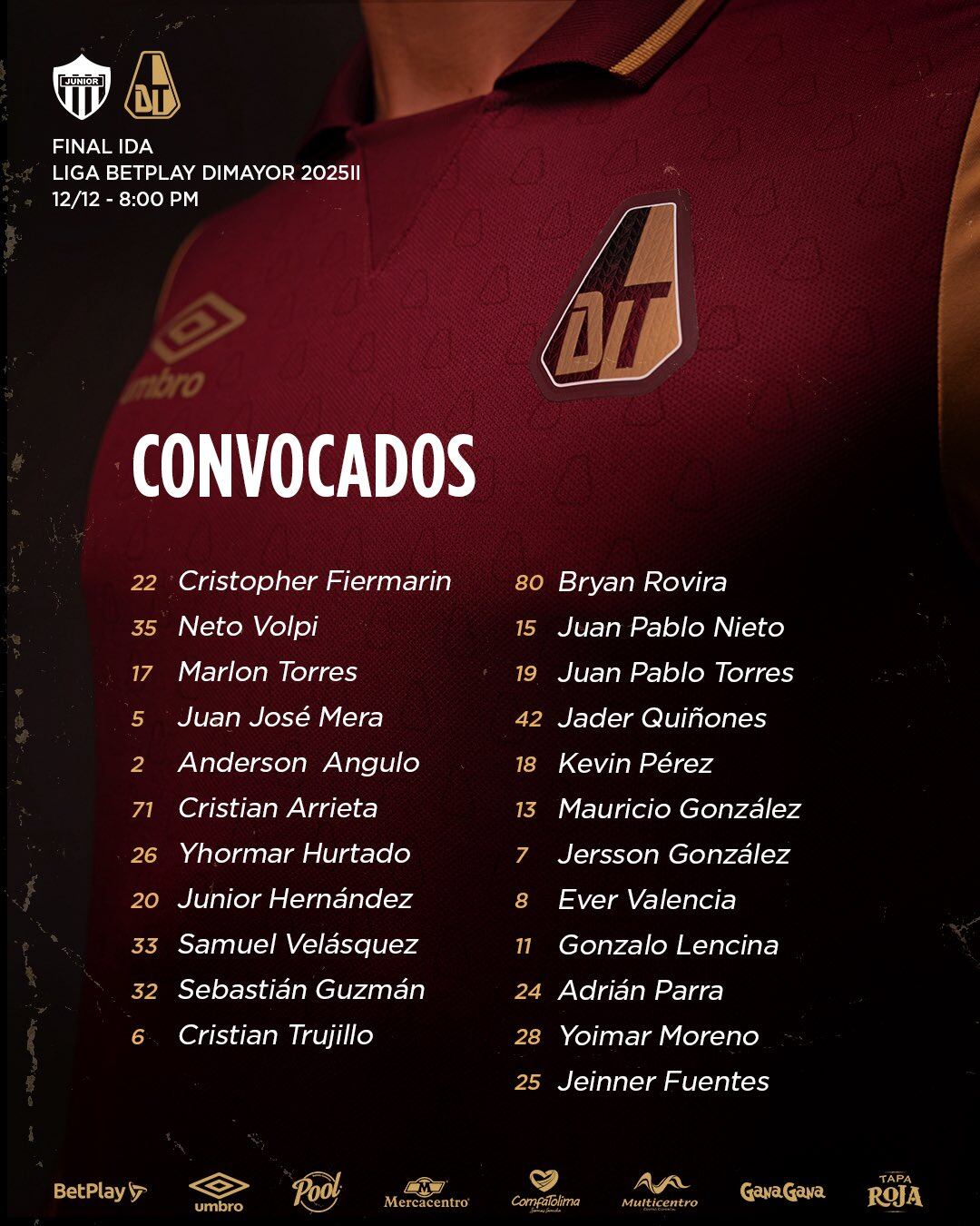 Estos son los convocados del Tolima para enfrentar a Junior en Barranquilla - crédito Deportes Tolima