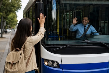 Una mujer de espaldas con mochila saluda con la mano levantada al conductor de un autobús azul y blanco, quien le devuelve el saludo.