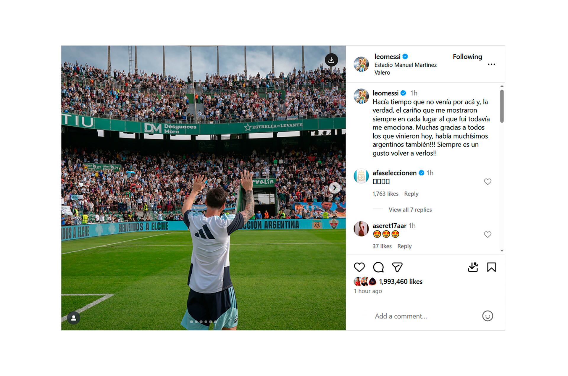 El posteo de Lionel Messi tras el entrenamiento abierto de la Selección (@leomessi)