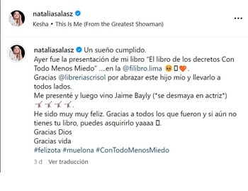 Mensaje de Natalia Salas. Instagram