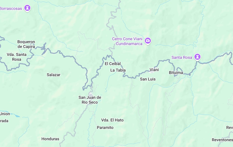 La ruta desde Bogotá hacia San Juan de Rioseco pasa por Facatativá, Guayabal de Síquima, Bituima, Vianí y la vía Cambao-Vianí, y el trayecto dura cerca de dos horas y 57 minutos - crédito Google Maps