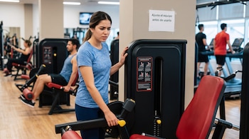 Una mujer vestida de azul sostiene el control de una máquina de gimnasio junto a una columna con un cartel informativo.
