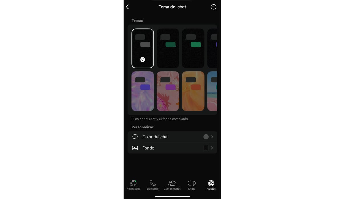 Dentro de los ajustes, hay que ingresar a Apariencia y abrir las opciones de diseño del chat. (WhatsApp)