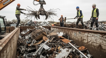 Cuatro trabajadores con cascos y chalecos de seguridad guían una excavadora con garra que deposita barras de metal en un contenedor lleno de chatarra.