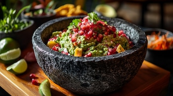 Receta mexicana, guacamole, granada, contraste de sabores, botana saludable. - (Imagen Ilustrativa Infobae)