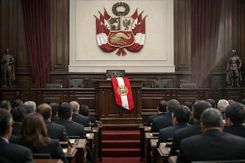 Salón del Congreso de Perú con parlamentarios de espaldas, atril de madera con banda presidencial, escudo nacional, cortinas granates y estatuas.