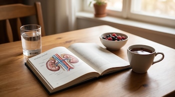 Uma mesa de madeira com um copo de água, um livro aberto mostrando um diagrama anatômico do rim, uma tigela de frutas vermelhas e uma xícara de chá perto da janela.