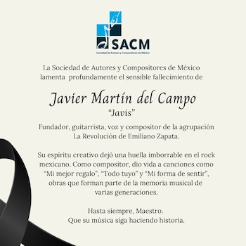 Un logo de la SACM, texto en blanco sobre un fondo gris claro, y una cinta negra de luto en la esquina inferior izquierda