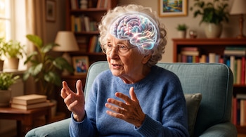 Una mujer de edad avanzada con gafas y suéter azul gesticula con las manos frente a un modelo gráfico transparente de un cerebro iluminado.