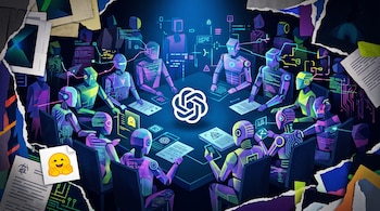 Ilustración digital con figuras robóticas sentadas en una mesa, un logo blanco en el centro y una figura de carita sonriente a un costado.