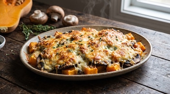 Fuente ovalada con calabaza gratinada y queso sobre una mesa de madera junto a champiñones y un corte de calabaza.
