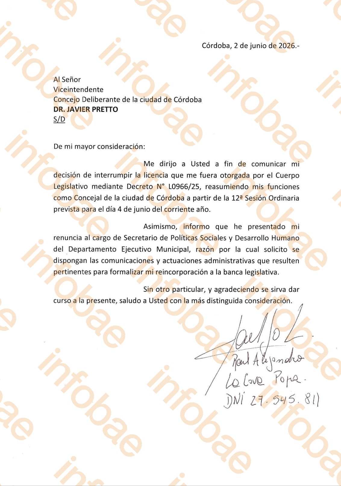 La carta con la que Raúl Alejandro La Cava oficializa su retorno al Concejo Deliberante de Córdoba para dejar afuera a Ricardo Moreno