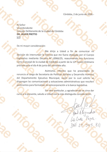 La carta con la que Raúl Alejandro La Cava oficializa su retorno al Concejo Deliberante de Córdoba para dejar afuera a Ricardo Moreno