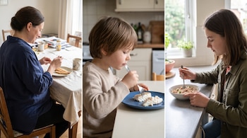 Tres paneles con una mujer embarazada comiendo pescado, un niño con un tenedor frente a su plato y una joven comiendo ensalada de atún.