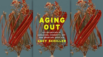 Portada de un libro con título "Aging Out" en amarillo, autor Lucy Schiller. Diseño de ramas con hojas verdes, flores rojas y cintas rojas sobre fondo azul-gris.