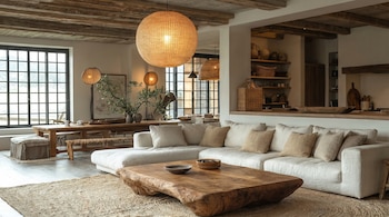 Un salón-comedor moderno con un sofá blanco grande, una mesa de centro de madera natural, alfombra de yute y lámparas de techo colgantes de mimbre sobre un suelo de madera.