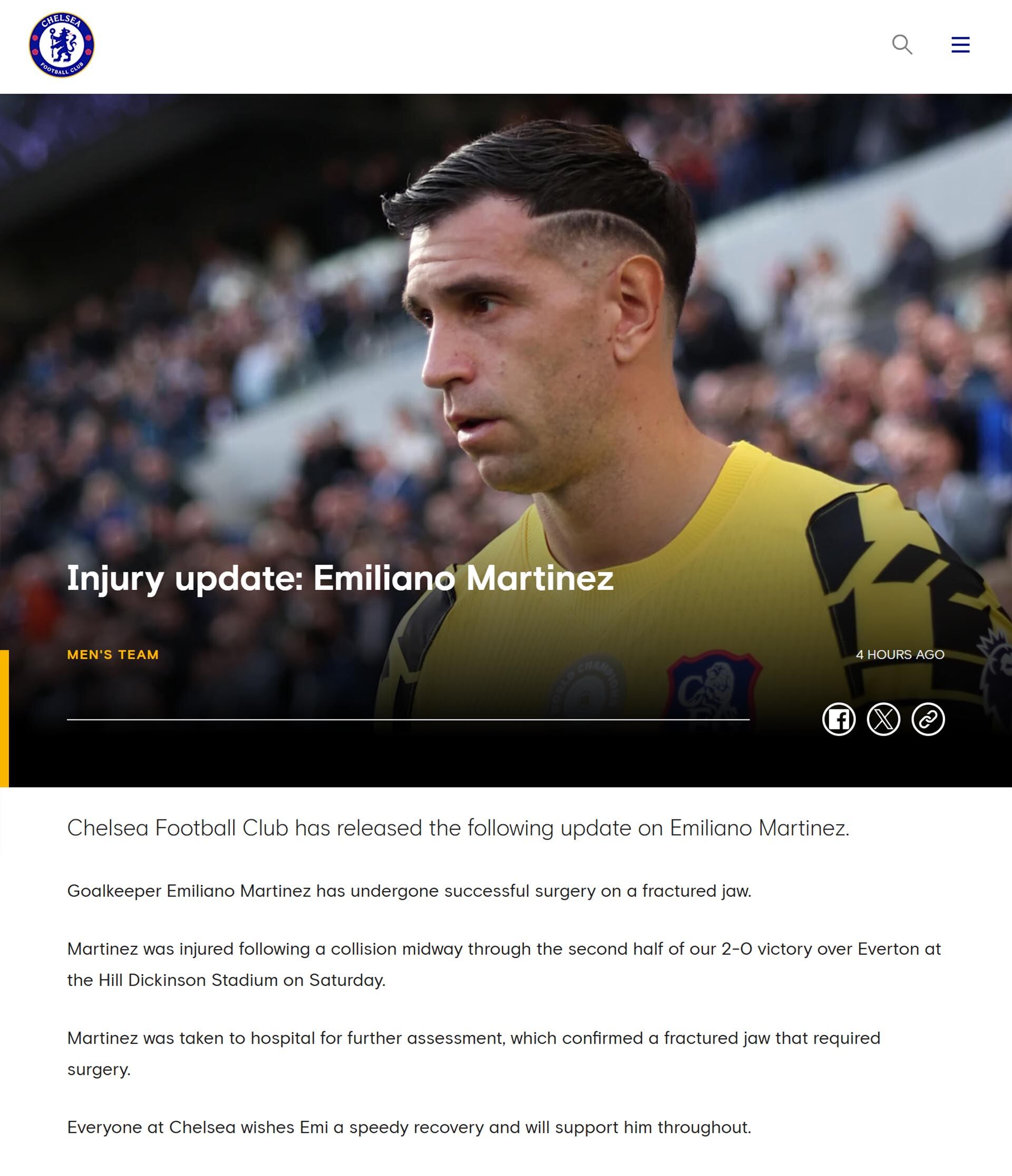Un comunicado del Chelsea F.C. informa la intervención quirúrgica por una fractura de mandíbula sufrida por el arquero Emiliano Martínez durante un partido contra el Everton