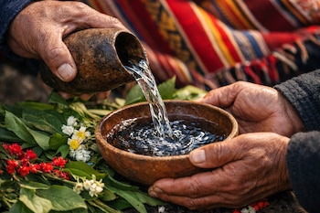 Dos manos vierten agua desde un recipiente de madera a un cuenco de barro, rodeados de hojas verdes, flores rojas y blancas, con manta tejida colorida al fondo.