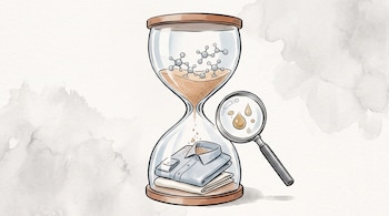 Reloj de arena con modelos moleculares en la parte superior y ropa doblada en la base, junto a una lupa que amplía tres gotas sobre fondo claro.