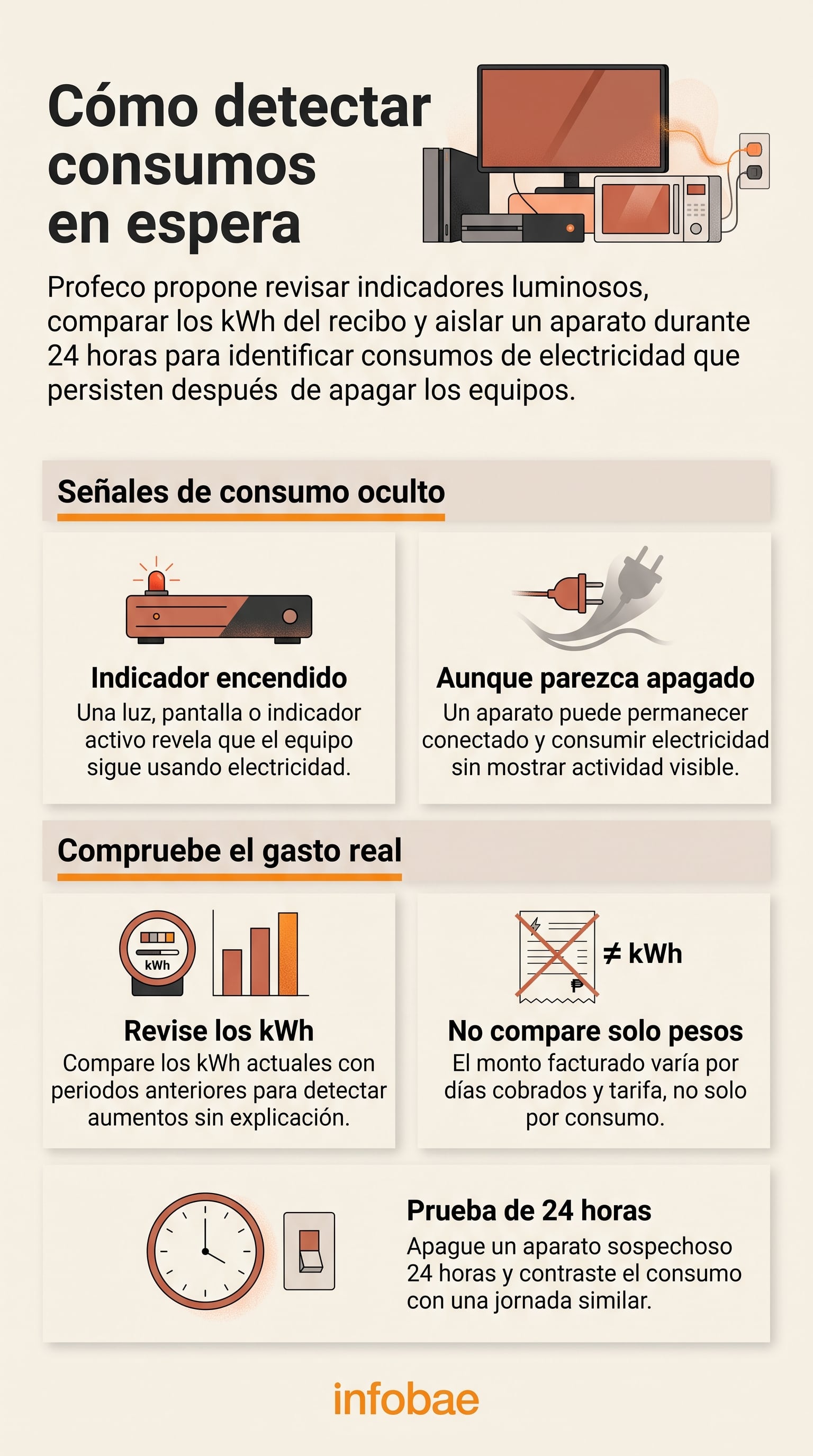Profeco presenta pautas para identificar el gasto eléctrico de los electrodomésticos en modo de espera y verificar las variaciones de consumo en México. (Imagen Ilustrativa Infobae)