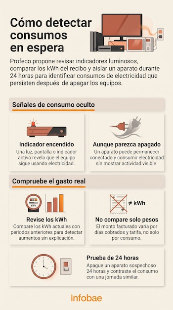 Infografía con ilustraciones de electrodomésticos, enchufes, un medidor eléctrico, un recibo y un reloj junto a recomendaciones escritas.