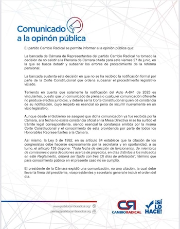 El partido Cambio Radical anunció