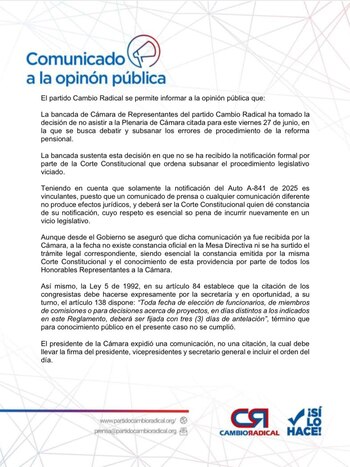 El partido Cambio Radical anunció