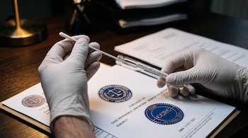Manos con guantes blancos sostienen un hisopo de algodón y un tubo de vidrio sobre documentos con sellos oficiales.