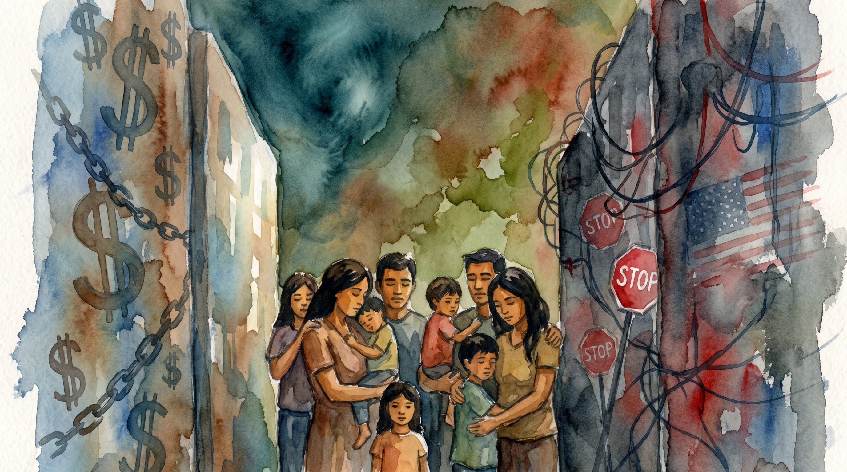 Una ilustración en acuarela señala la presión de las dificultades económicas y las políticas migratorias de Estados Unidos sobre las familias salvadoreñas. (Imagen Ilustrativa Infobae)