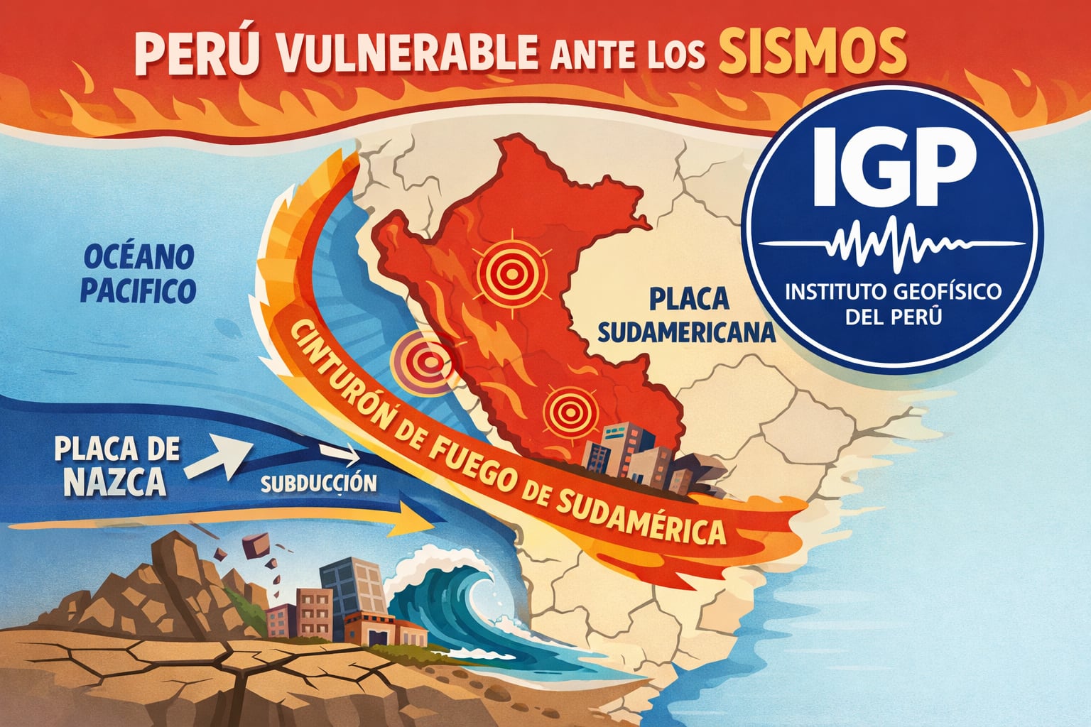 Ilustración que explica la vulnerabilidad sísmica de Perú, situado en el Cinturón de Fuego de Sudamérica por la interacción de las placas de Nazca y Sudamericana, con el logotipo del Instituto Geofísico del Perú monitoreando la actividad. (Imagen Ilustrativa Infobae)