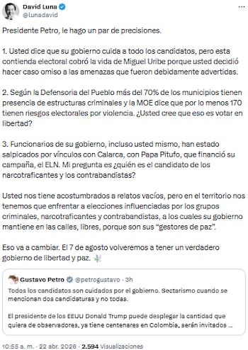 David Luna cuestionó a Gustavo Petro por falta de garantías y denunció influencia criminal en elecciones - crédito @lunadavid/X