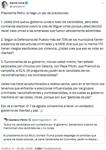 David Luna cuestionó a Gustavo Petro por falta de garantías y denunció influencia criminal en elecciones - crédito @lunadavid/X