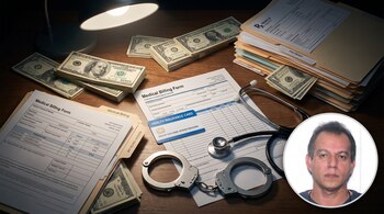Billetes de dólares, formularios de facturación médica, expedientes, tarjeta de seguro de salud, estetoscopio, esposas y un recuadro circular con el rostro de un hombre.