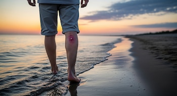 Piernas de una persona con pantalones cortos y pies descalzos caminando en la orilla del mar, una herida redonda en la espinilla derecha, horizonte al atardecer.