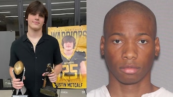 Montaje fotográfico con un joven sosteniendo trofeos a la izquierda y una foto policial a la derecha
