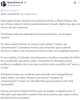 Bukele enmarca su iniciativa como una ‘oportunidad histórica’ para que Colombia demuestre su compromiso con la dignidad humana y los derechos humanos. (Cortesía: Nayib Bukle)