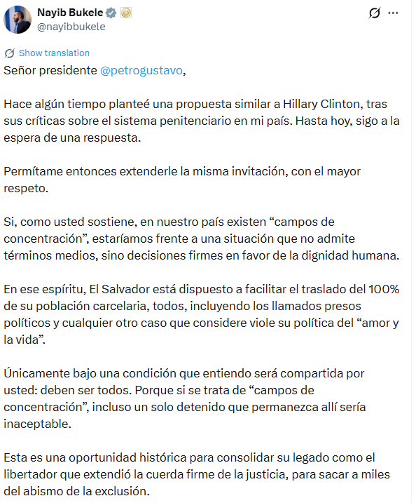 Bukele enmarca su iniciativa como una ‘oportunidad histórica’ para que Colombia demuestre su compromiso con la dignidad humana y los derechos humanos. (Cortesía: Nayib Bukle)