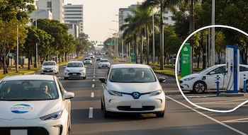 Avenida principal en San José, Costa Rica, con autos eléctricos circulando y uno blanco con logo Asomove en primer plano, y una estación de carga pública al fondo.
