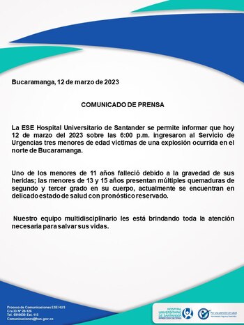 Comunicado emitido por Hospital Universitario