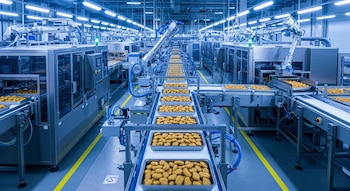 Una fábrica con varias cintas transportadoras largas. Muchas bandejas metálicas llenas de nuggets avanzan. Maquinaria automatizada y brazos robóticos.