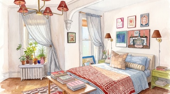 Ilustración de dormitorio con cama hecha, sábanas celestes, manta roja, dos mesas de noche, lámparas, cuadros en la pared, ventanas con cortinas, banco y plantas.
