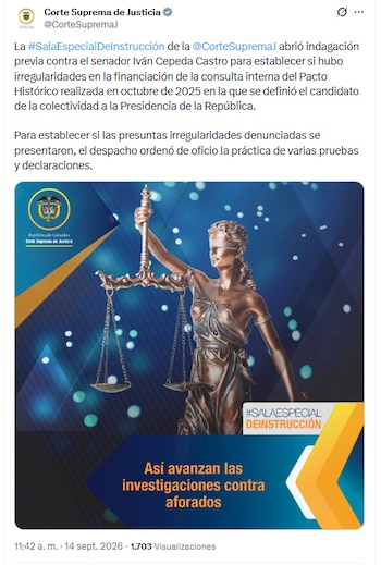 El magistrado Francisco Farfán asumió el expediente y ordenó recaudar pruebas y escuchar declaraciones sobre la financiación de la campaña de Iván Cepeda - crédito @CorteSupremaJ/X
