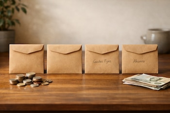Cuatro sobres de papel marrones en una mesa de madera, con monedas, billetes y dos sobres etiquetados 'Gastos Fyes' y 'Ahorro'.