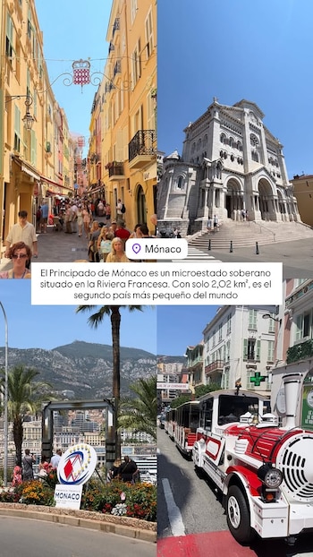 Cuatro imágenes de Mónaco: calle con gente, edificio de piedra, mirador con palmeras y montañas, y tren turístico. Texto describe Mónaco