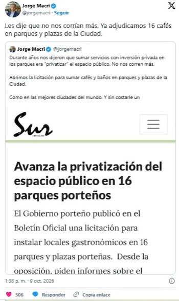 El alcalde porteño Jorge Macri anunció el resultado de la licitación de los cafés en distintos espacios verdes de CABA (@jorgemacri)