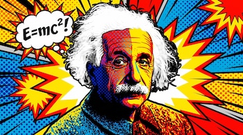Ilustración de Albert Einstein en estilo pop art con colores rojo, azul y amarillo, y puntos de semitono. Una burbuja de diálogo dice "E=mc²".