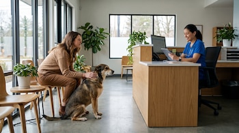 Una mujer, un perro adulto, una veterinaria sentada en un escritorio con tableta y ordenador, sala de espera con sillas de madera y plantas.