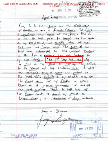 Carta revelada este 19 de mayo en la que "El Chapo" menciona la ley. Crédito: X - @arturoangel20
