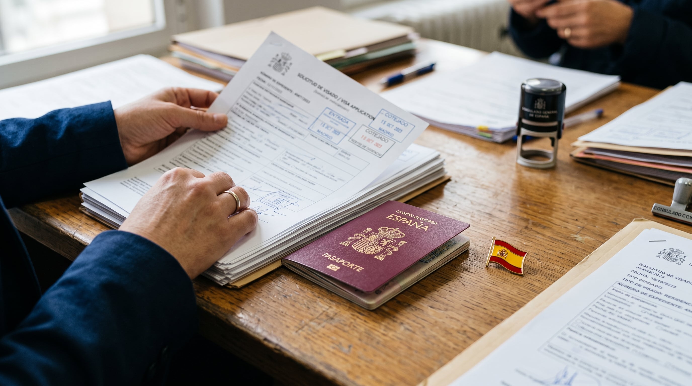 Un funcionario revisa un formulario de solicitud de visado junto a un pasaporte de España y un sello sobre un escritorio. (Imagen Ilustrativa Infobae)